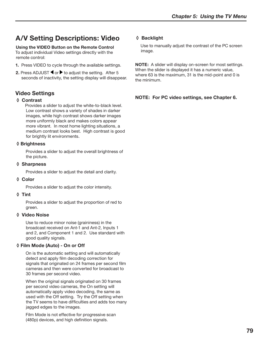 Mitsubishi Electronics LT-3780, LT-3280 manual Setting Descriptions Video, Video Settings 