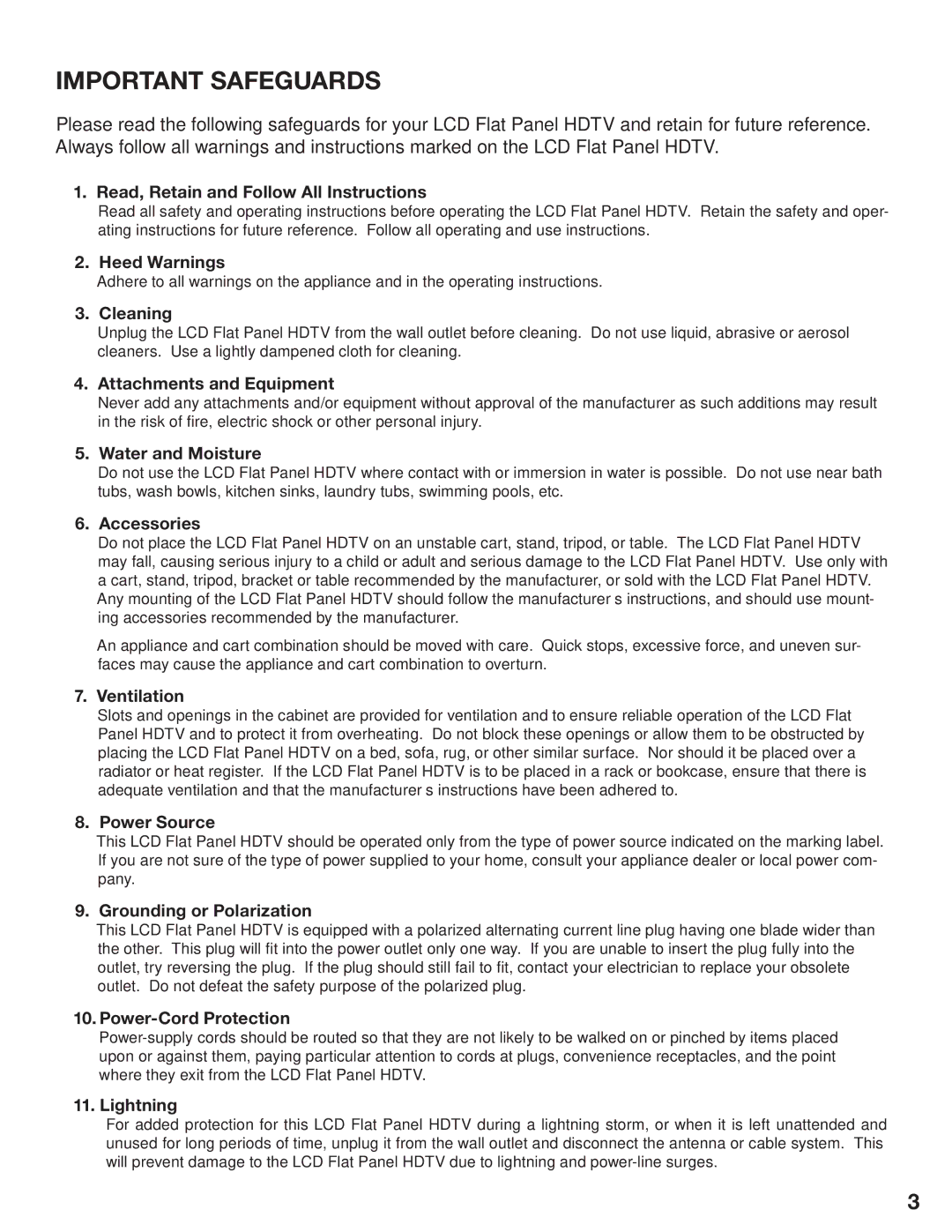 Mitsubishi Electronics LT-3780 manual Read, Retain and Follow All Instructions, Heed Warnings, Cleaning, Water and Moisture 