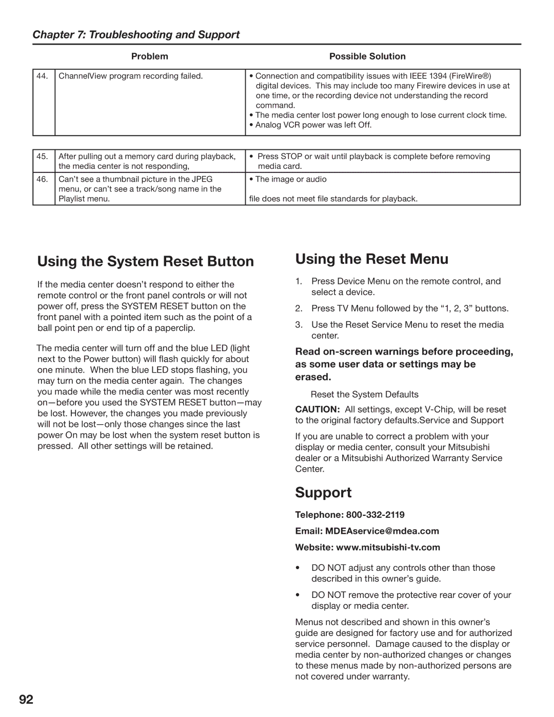 Mitsubishi Electronics LT-3280, LT-3780 manual Using the System Reset Button, Using the Reset Menu, Support 