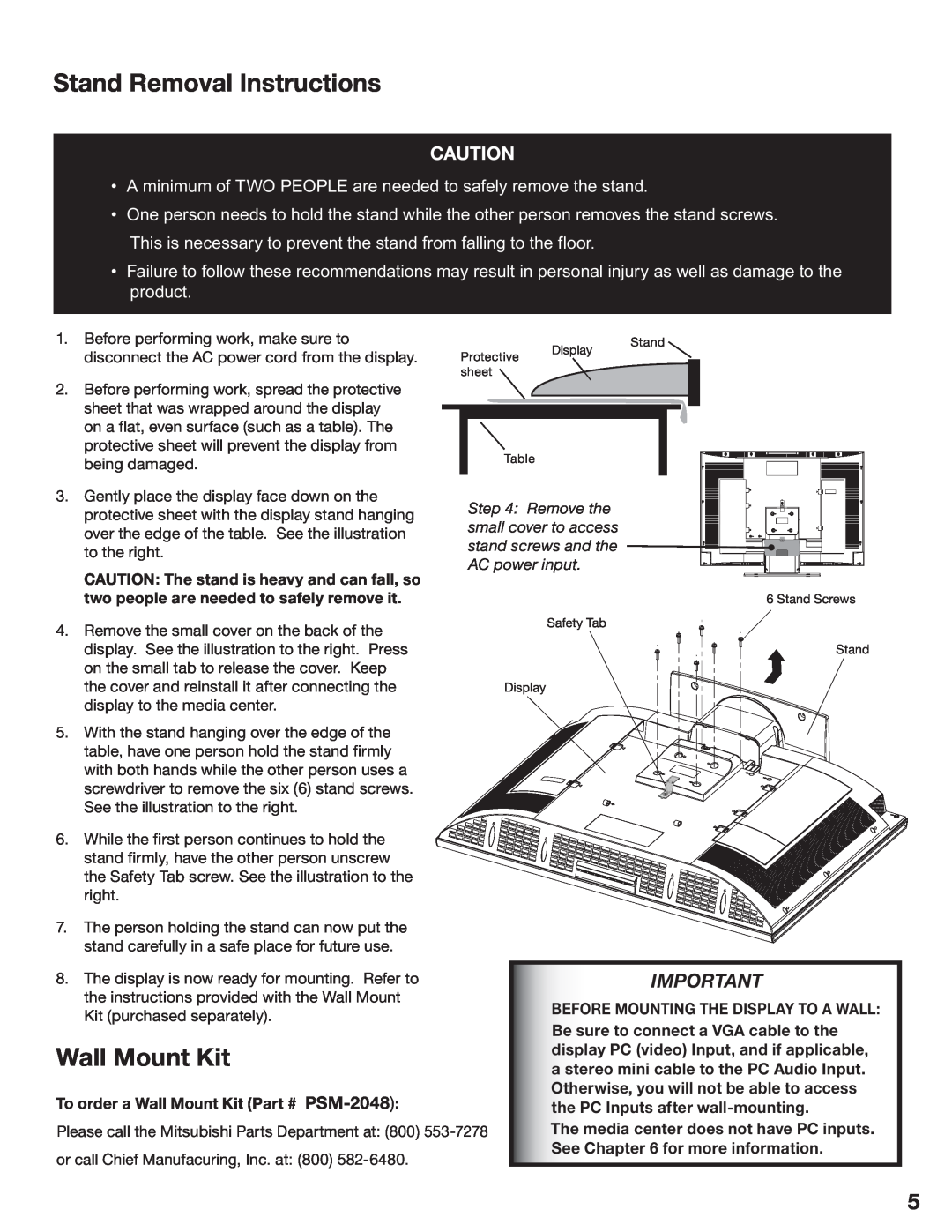 Mitsubishi Electronics LT-3780, LT-3280 manual Stand Removal Instructions, Wall Mount Kit 