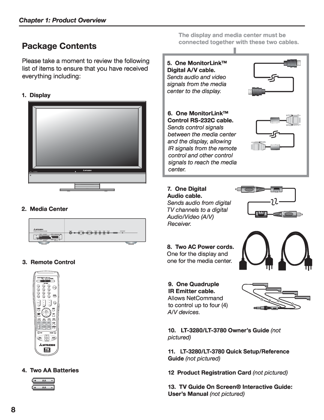 Mitsubishi Electronics LT-3280, LT-3780 manual Package Contents, Product Overview, Display 2. Media Center 3. Remote Control 