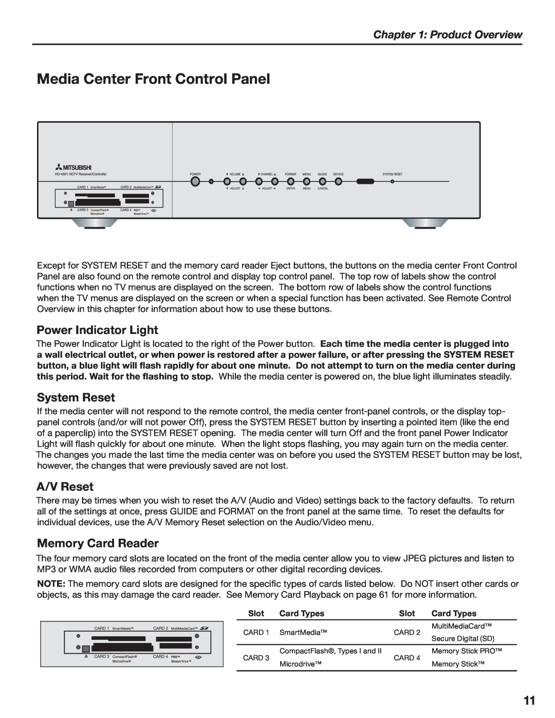 Mitsubishi Electronics LT-3780, LT-3280 Media Center Front Control Panel, Power Indicator Light, System Reset, A/V Reset 