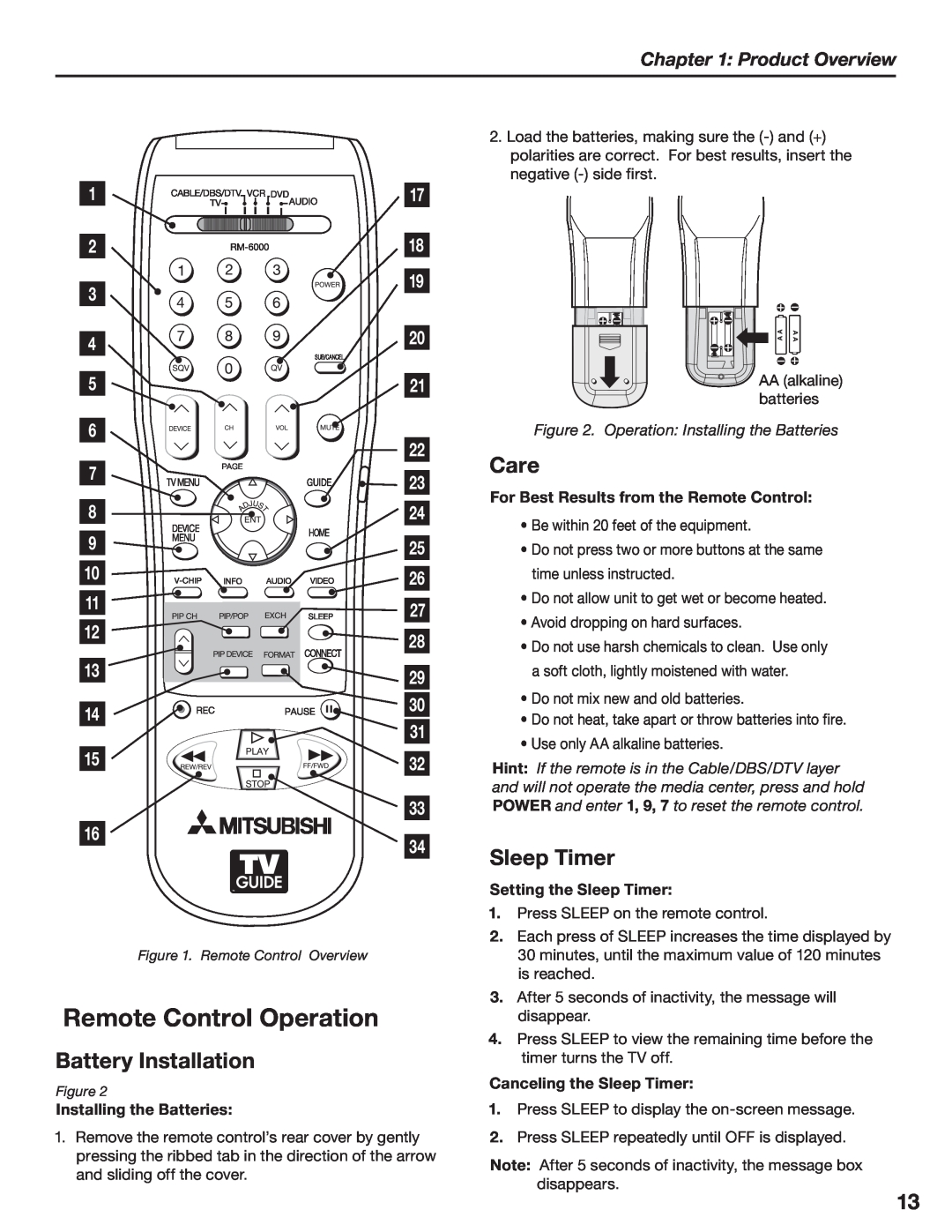 Mitsubishi Electronics LT-3780, LT-3280 manual Remote Control Operation, Product Overview, Installing the Batteries 