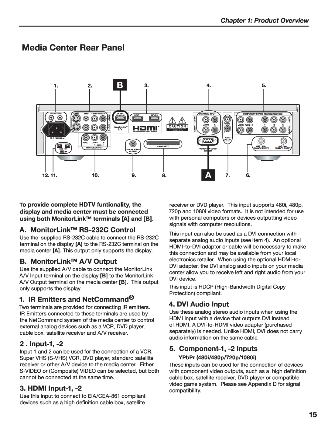 Mitsubishi Electronics LT-3780 Media Center Rear Panel, A. MonitorLink RS-232C Control, B. MonitorLink A/V Output, Input-1 