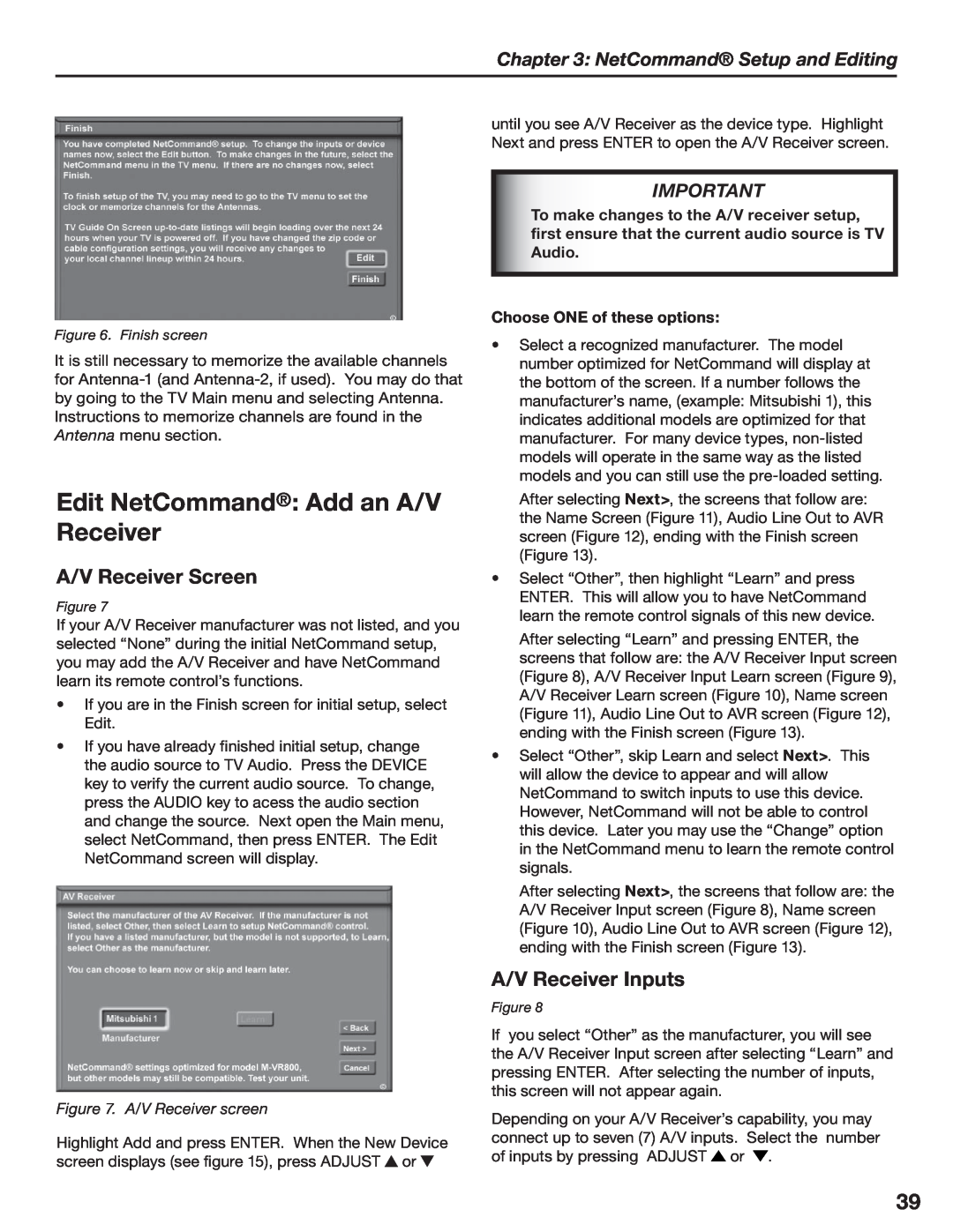 Mitsubishi Electronics LT-3780, LT-3280 manual Edit NetCommand Add an A/V Receiver, A/V Receiver Screen, A/V Receiver Inputs 