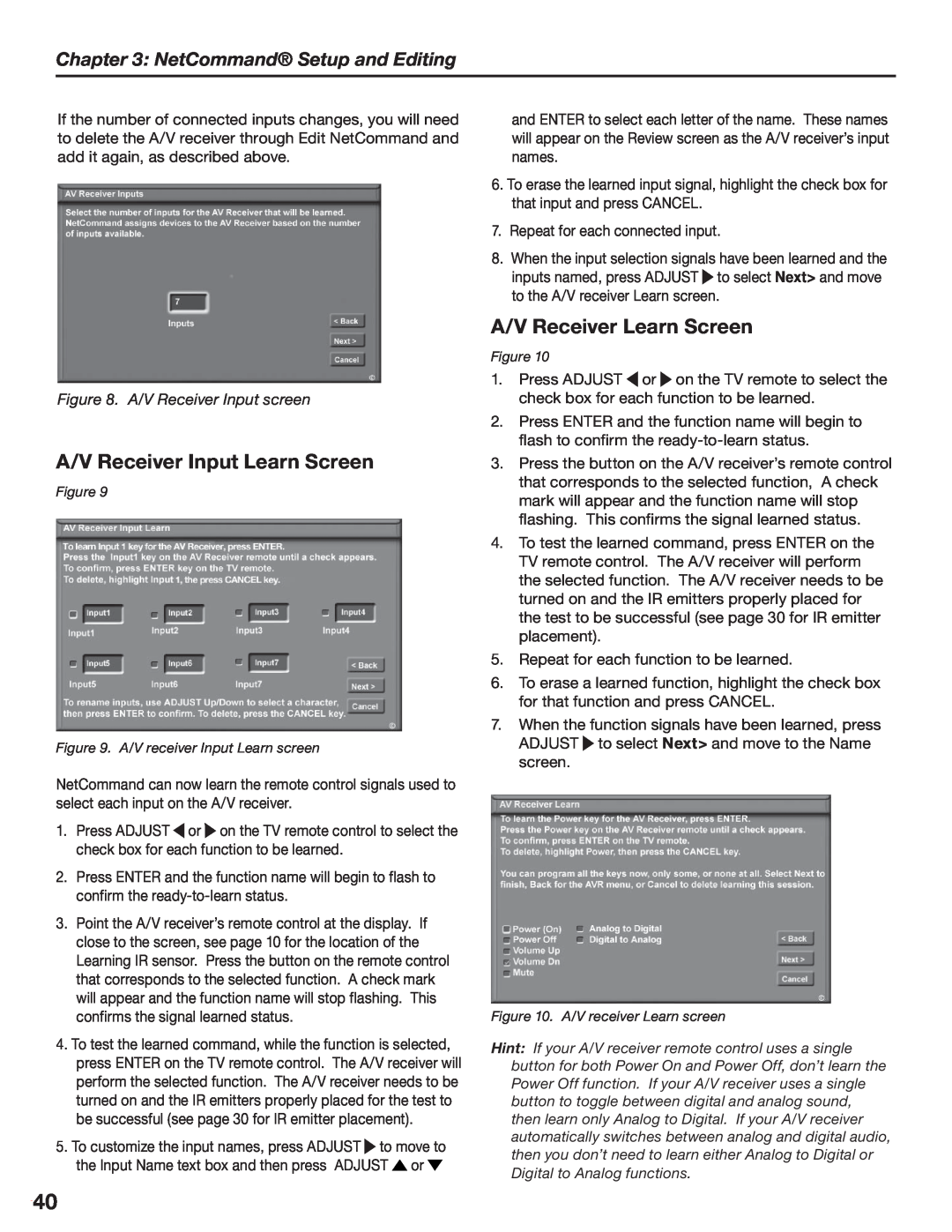 Mitsubishi Electronics LT-3280 A/V Receiver Input Learn Screen, A/V Receiver Learn Screen, NetCommand Setup and Editing 