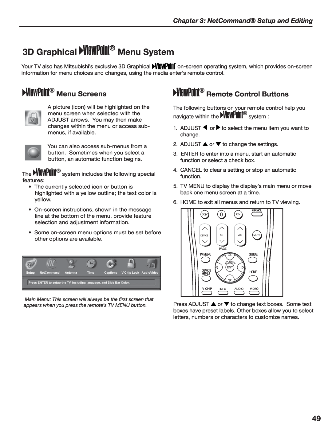 Mitsubishi Electronics LT-3780, LT-3280 manual 3D Graphical Menu System, Menu Screens, Remote Control Buttons 