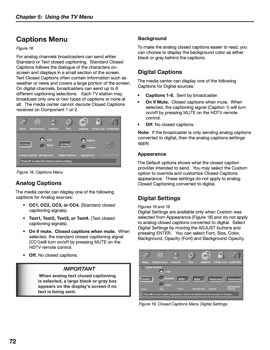 Mitsubishi Electronics LT-3280 manual Captions Menu, Analog Captions, Digital Captions, Digital Settings, Using the TV Menu 