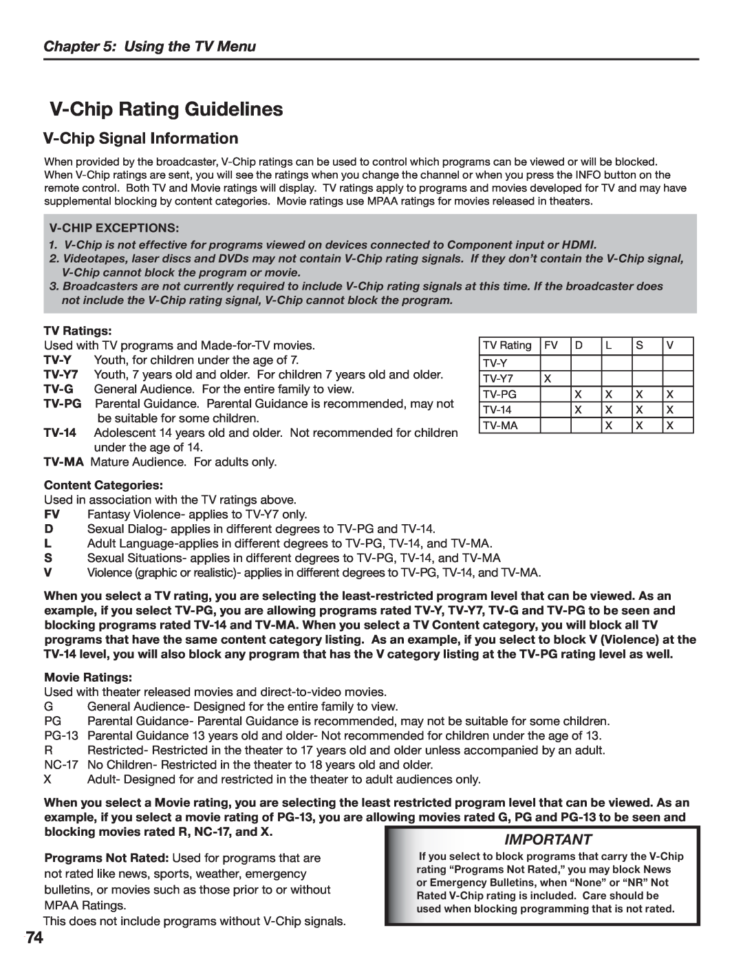 Mitsubishi Electronics LT-3280 V-Chip Rating Guidelines, V-Chip Signal Information, Using the TV Menu, V-Chip Exceptions 