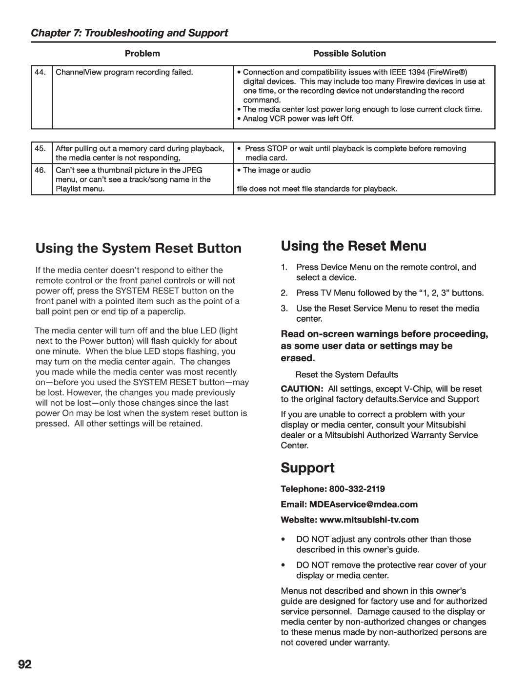 Mitsubishi Electronics LT-3280 manual Using the System Reset Button, Using the Reset Menu, Troubleshooting and Support 