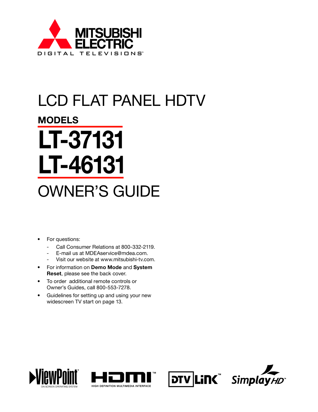 Mitsubishi Electronics manual LT-37131 LT-46131 