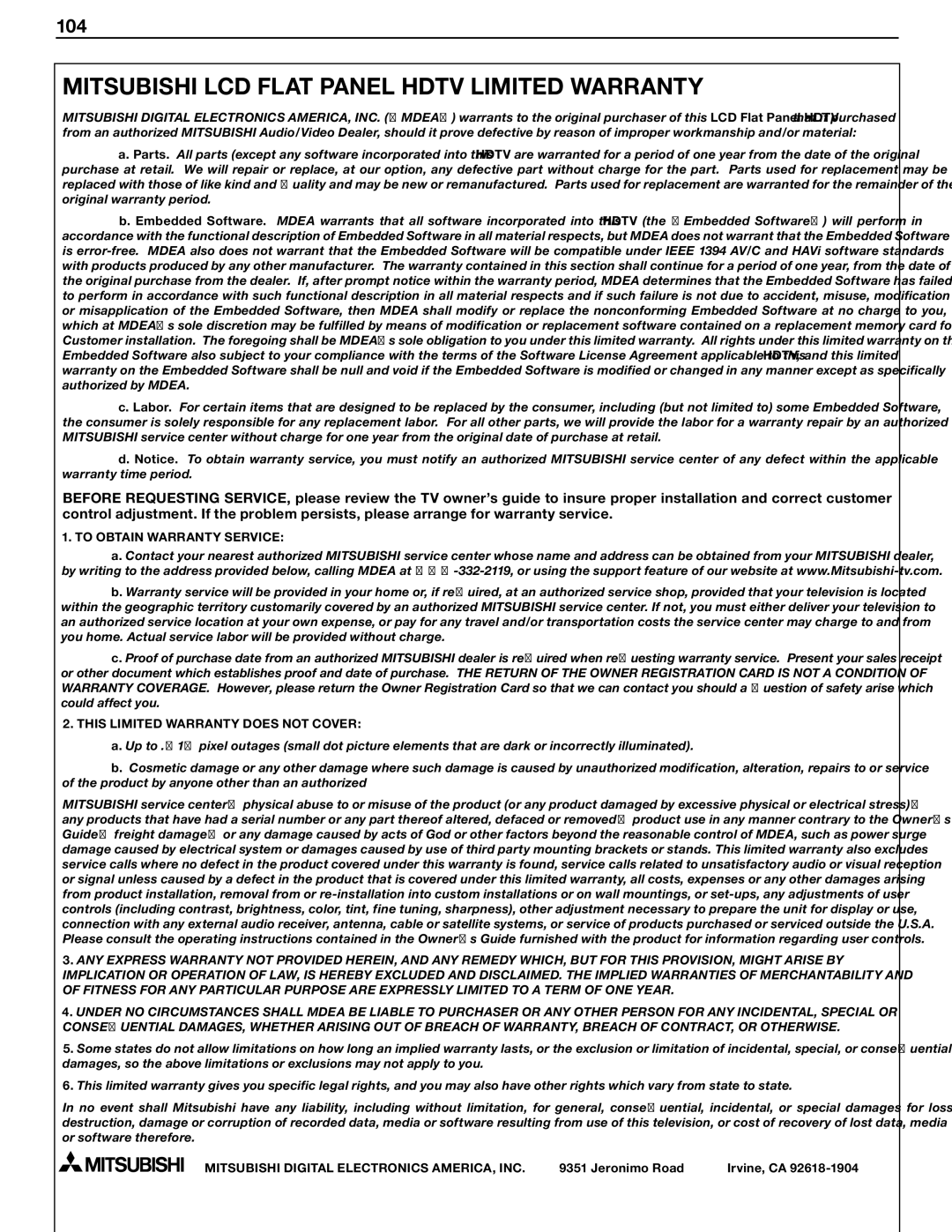 Mitsubishi Electronics LT-37131 manual Mitsubishi LCD Flat Panel Hdtv Limited Warranty, 104 