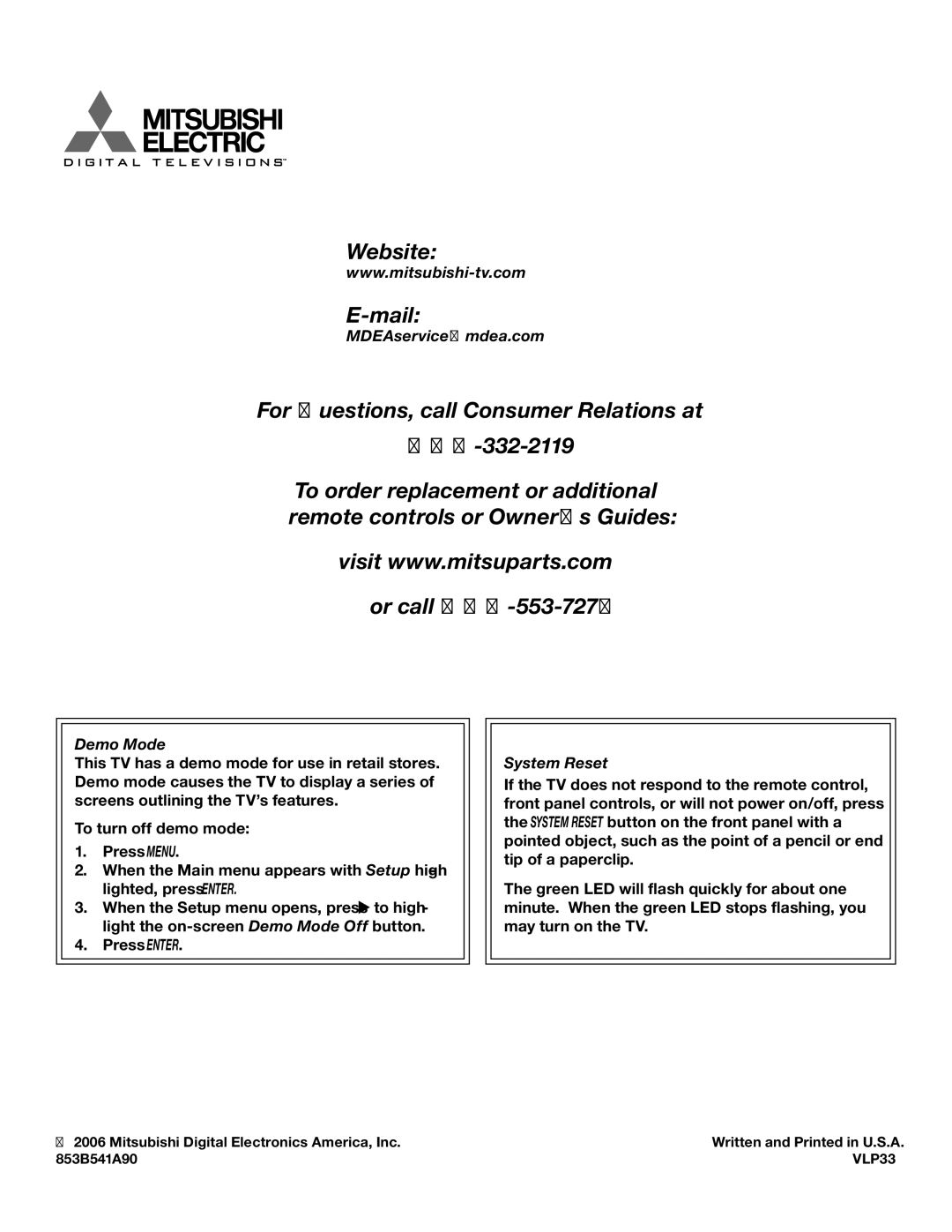 Mitsubishi Electronics LT-37131 manual MDEAservice@mdea.com, Demo Mode, System Reset 