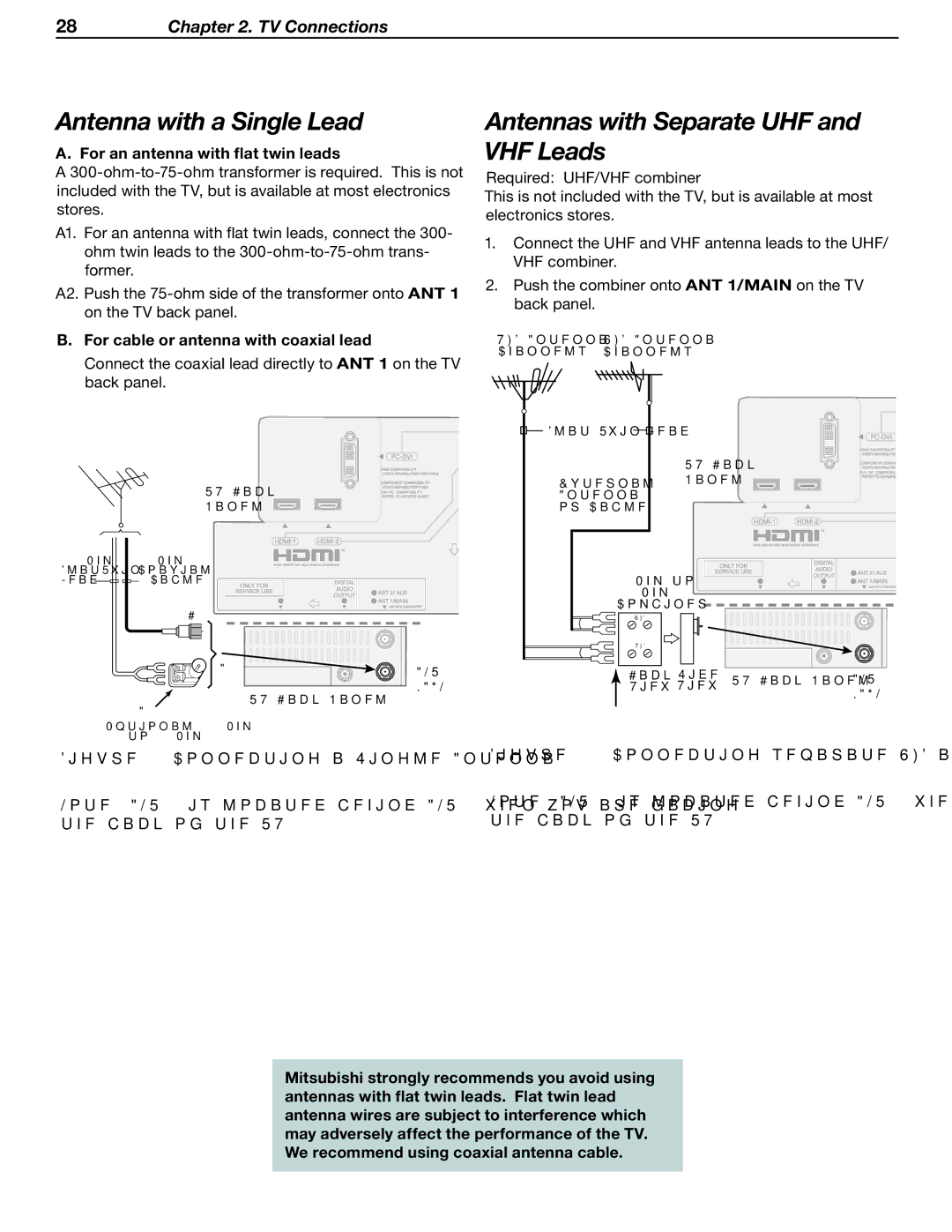 Mitsubishi Electronics LT-37131 manual Antenna with a Single Lead, Antennas with Separate UHF and VHF Leads 