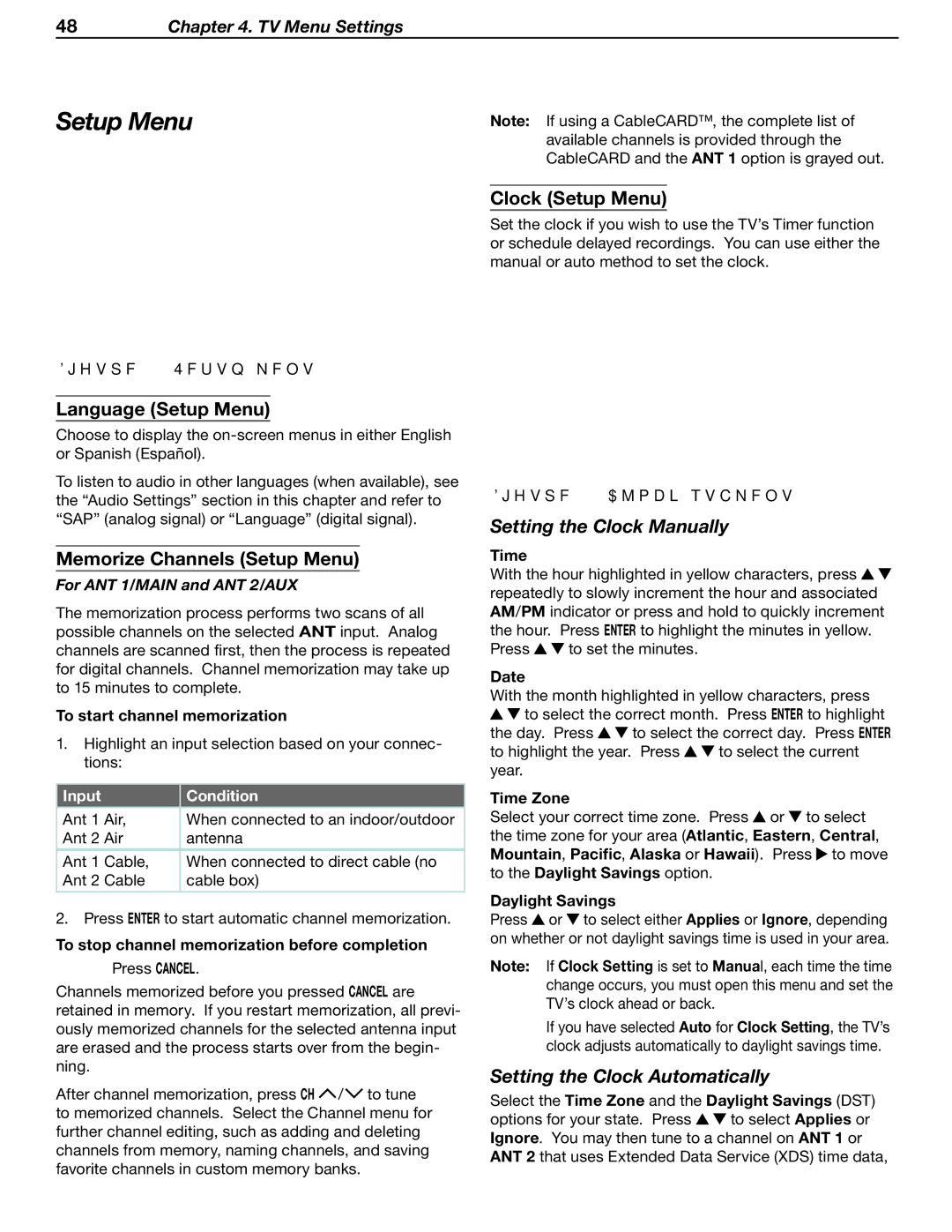 Mitsubishi Electronics LT-37131 manual Setup Menu, Setting the Clock Manually, Setting the Clock Automatically 