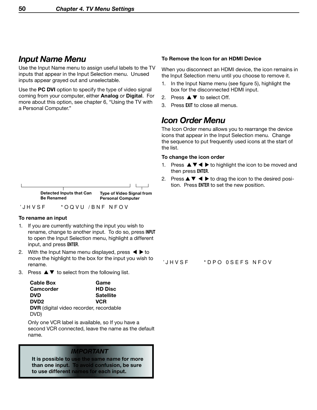 Mitsubishi Electronics LT-37131 manual Input Name Menu, Icon Order Menu, Dvd, DVD2 VCR 