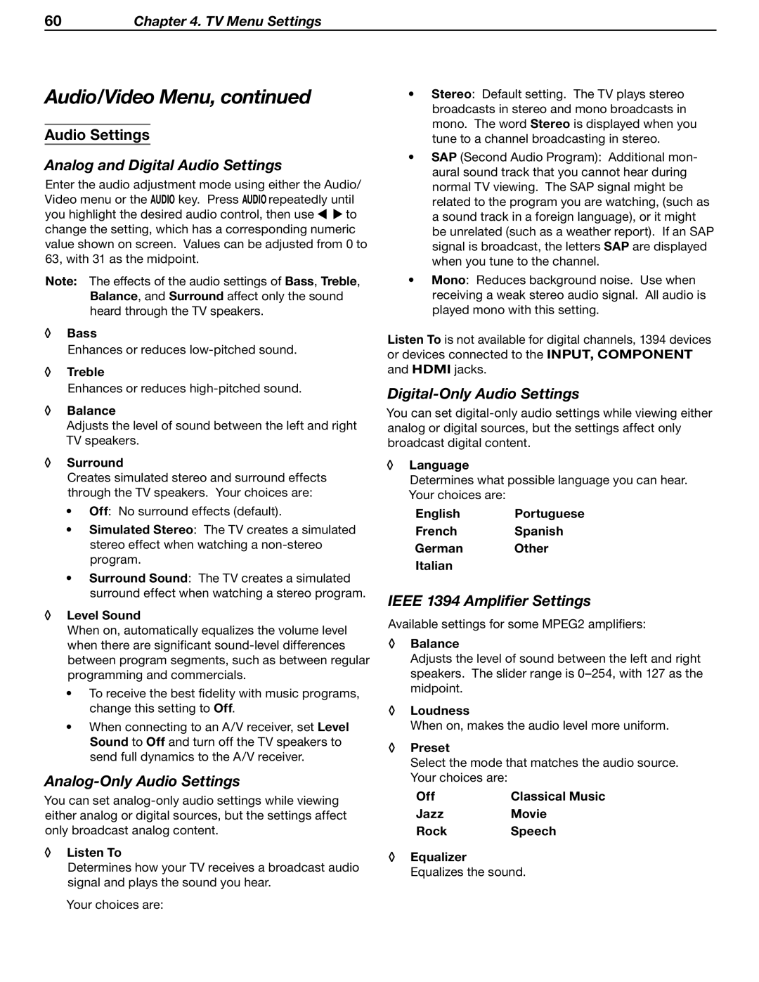 Mitsubishi Electronics LT-37131 Analog and Digital Audio Settings, Analog-Only Audio Settings, Digital-Only Audio Settings 