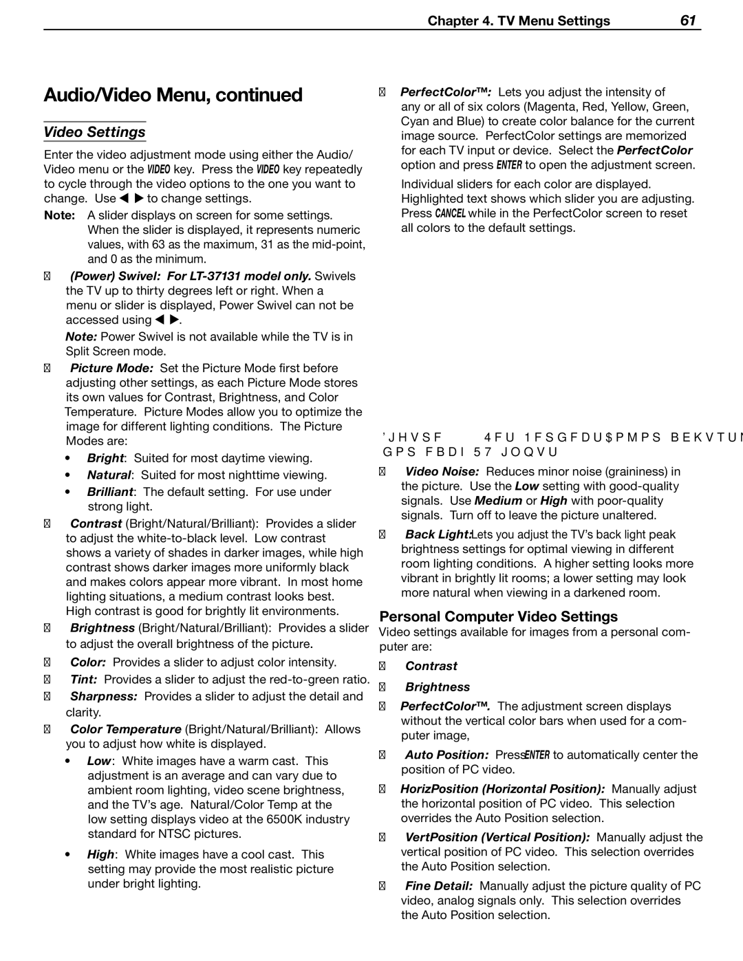 Mitsubishi Electronics LT-37131 manual Personal Computer Video Settings, Contrast Brightness 