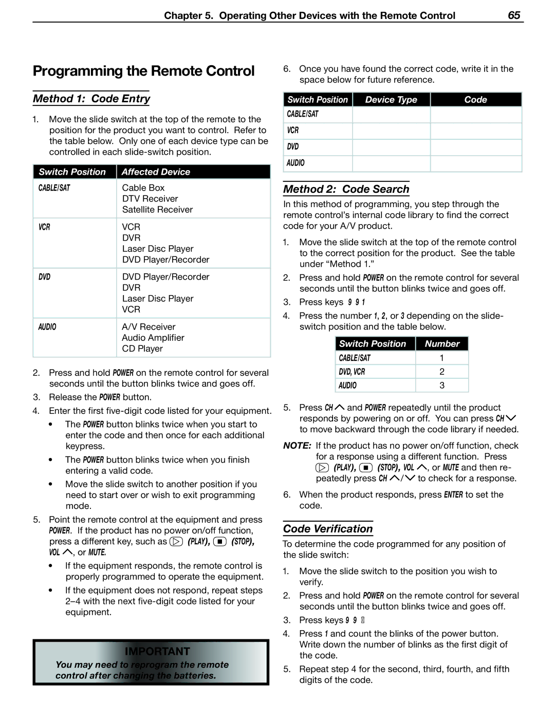 Mitsubishi Electronics LT-37131 manual Programming the Remote Control, Method 1 Code Entry, Method 2 Code Search 