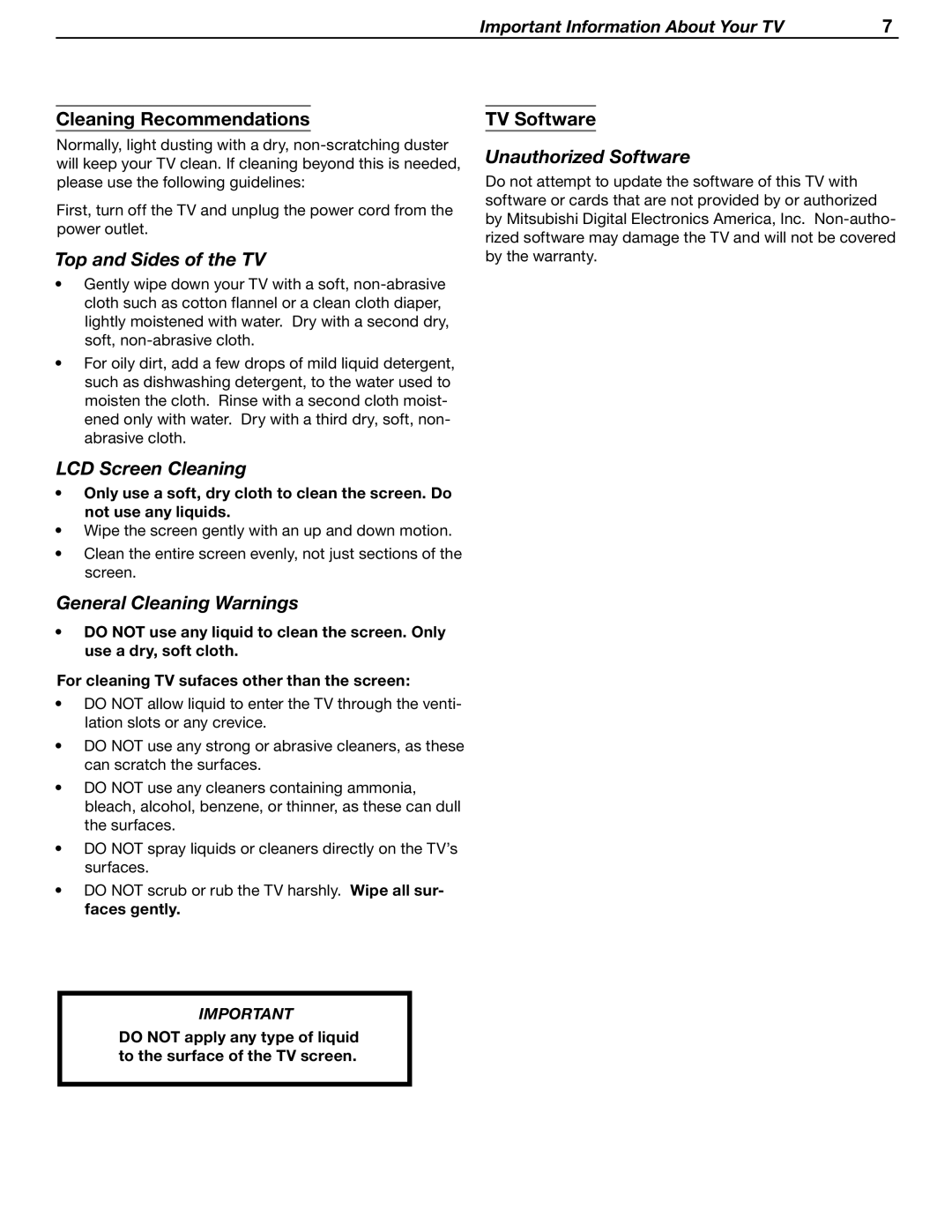 Mitsubishi Electronics LT-37131 manual Top and Sides of the TV, LCD Screen Cleaning, General Cleaning Warnings 