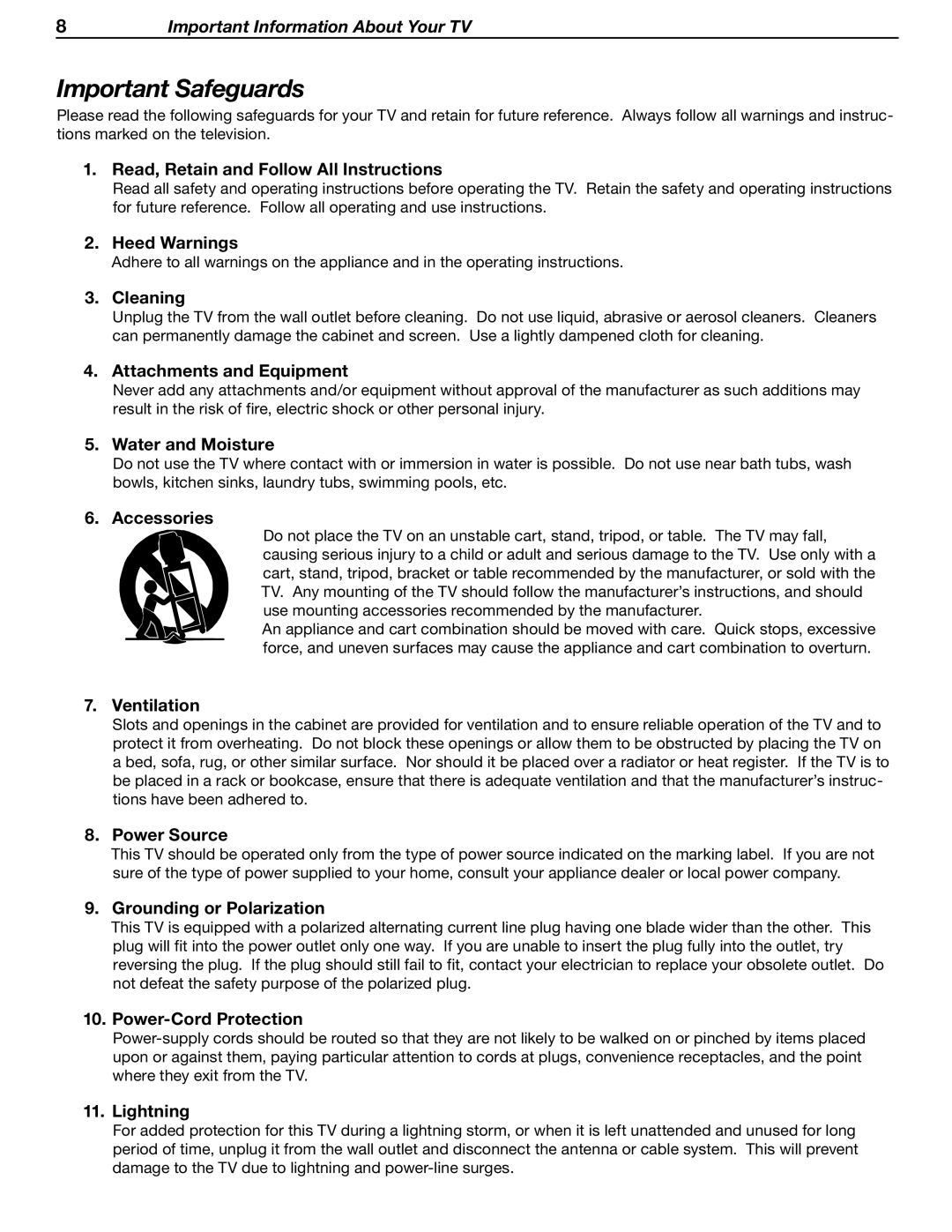 Mitsubishi Electronics LT-37131 manual Important Safeguards, Read, Retain and Follow All Instructions 