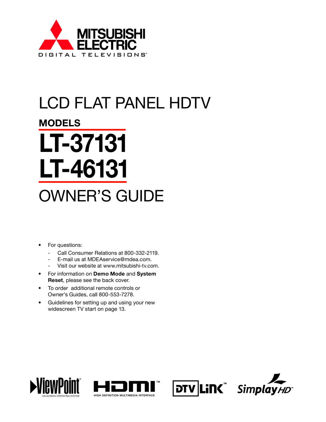 Mitsubishi Electronics manual Models, LT-37131 LT-46131, Lcd Flat Panel Hdtv, Owner’S Guide 