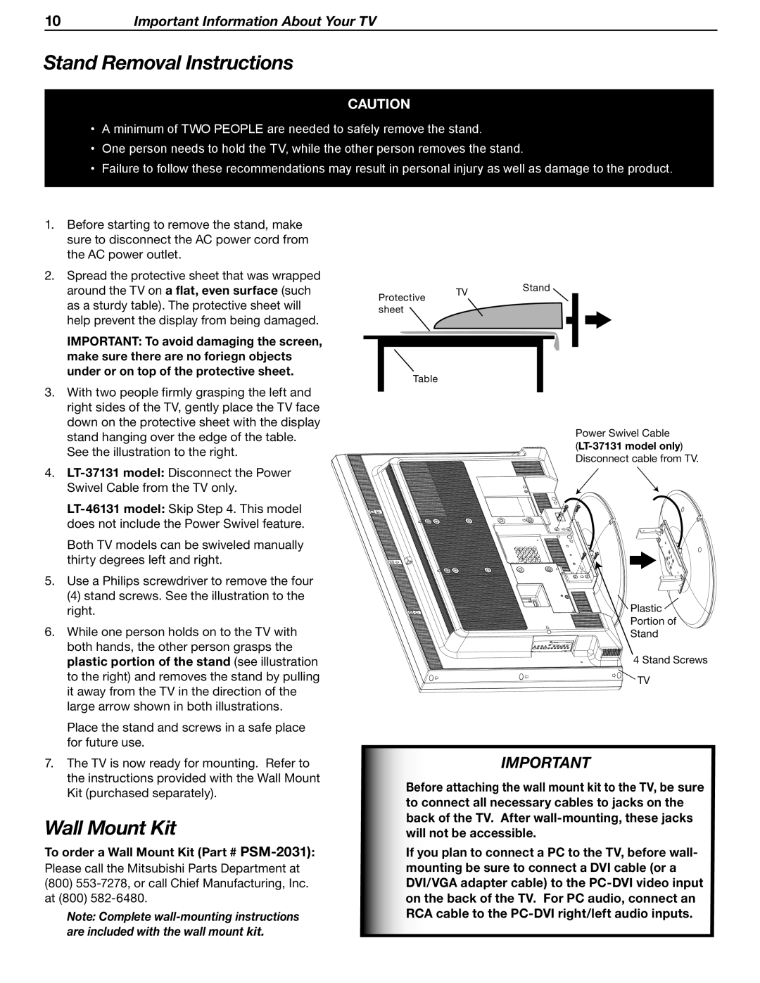 Mitsubishi Electronics LT-37131 manual Stand Removal Instructions, Wall Mount Kit, Important Information About Your TV 