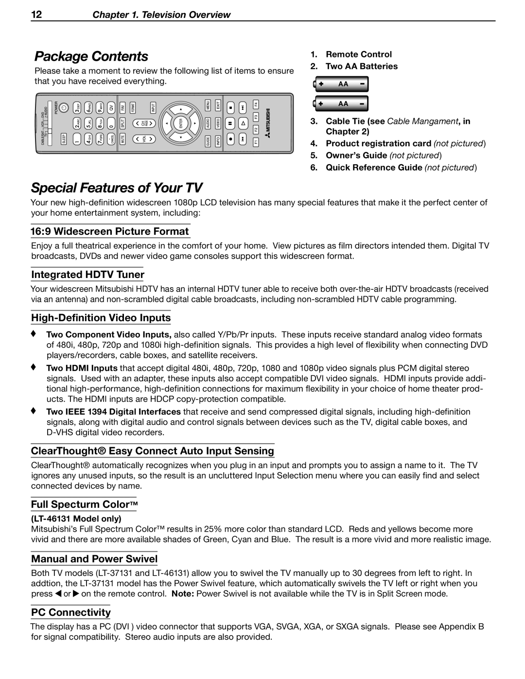 Mitsubishi Electronics LT-37131 Package Contents, Special Features of Your TV, Widescreen Picture Format, PC Connectivity 