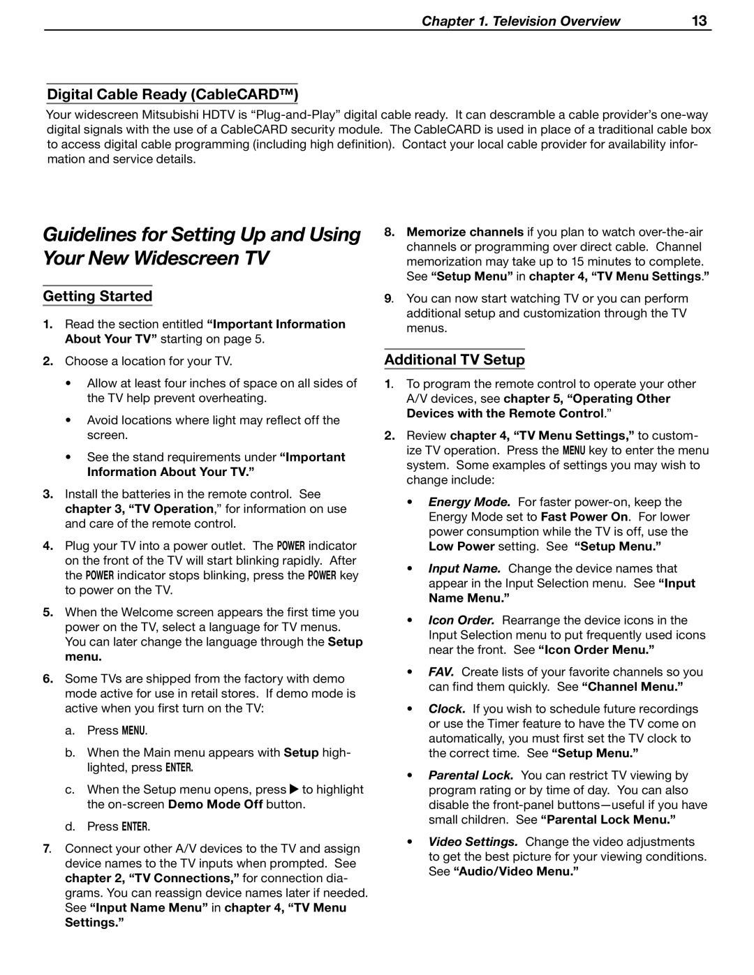 Mitsubishi Electronics LT-37131 Guidelines for Setting Up and Using Your New Widescreen TV, Digital Cable Ready CableCARD 