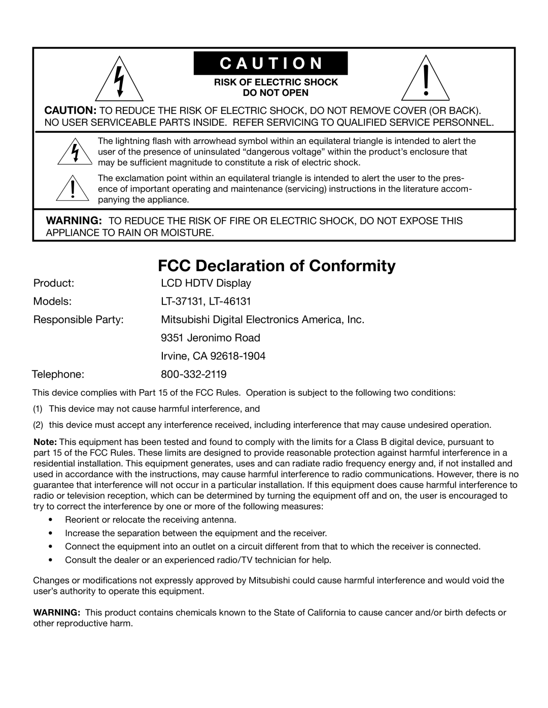 Mitsubishi Electronics LT-37131 FCC Declaration of Conformity, C A U T I O N, Product, LCD HDTV Display, Models, Telephone 