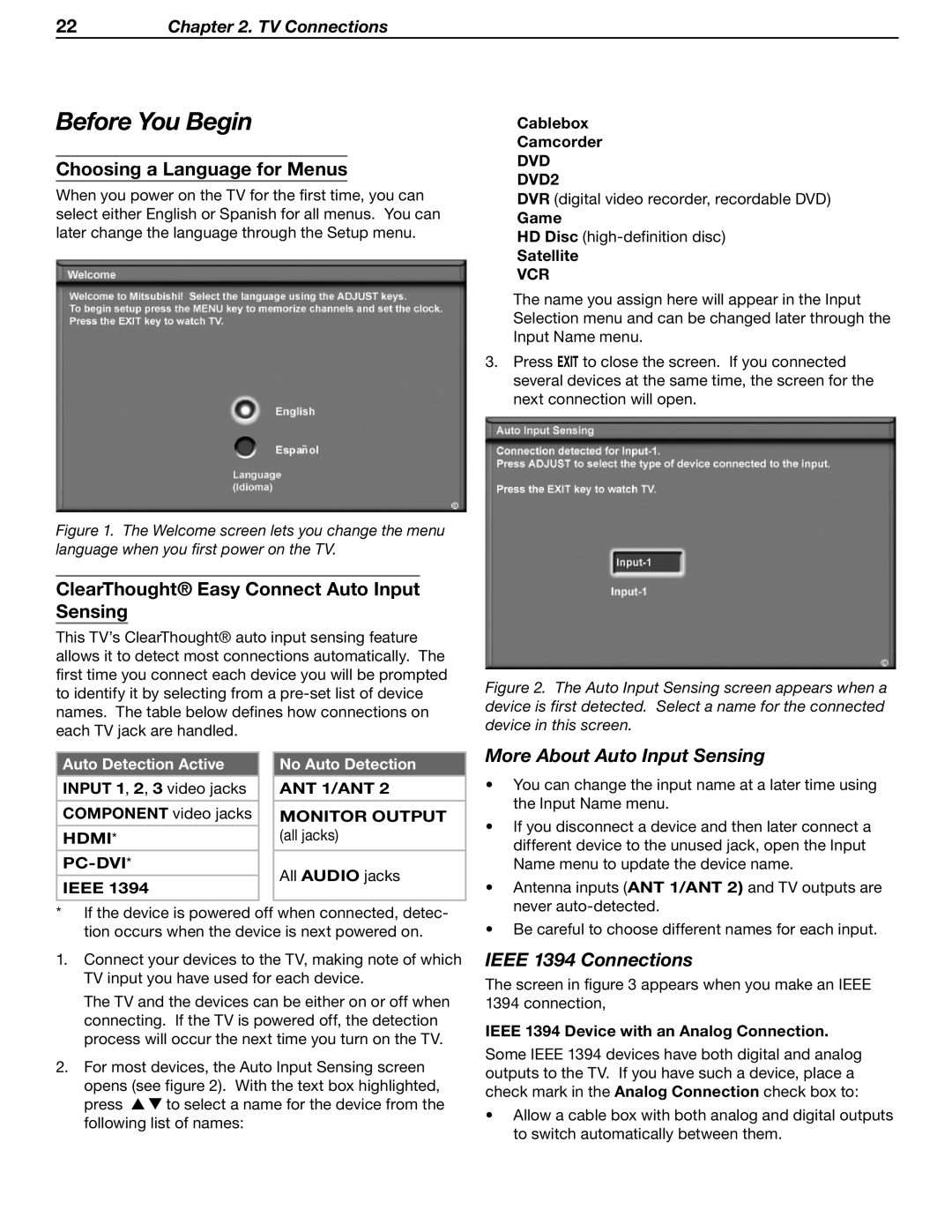 Mitsubishi Electronics LT-37131 manual Before You Begin, Choosing a Language for Menus, More About Auto Input Sensing, Game 