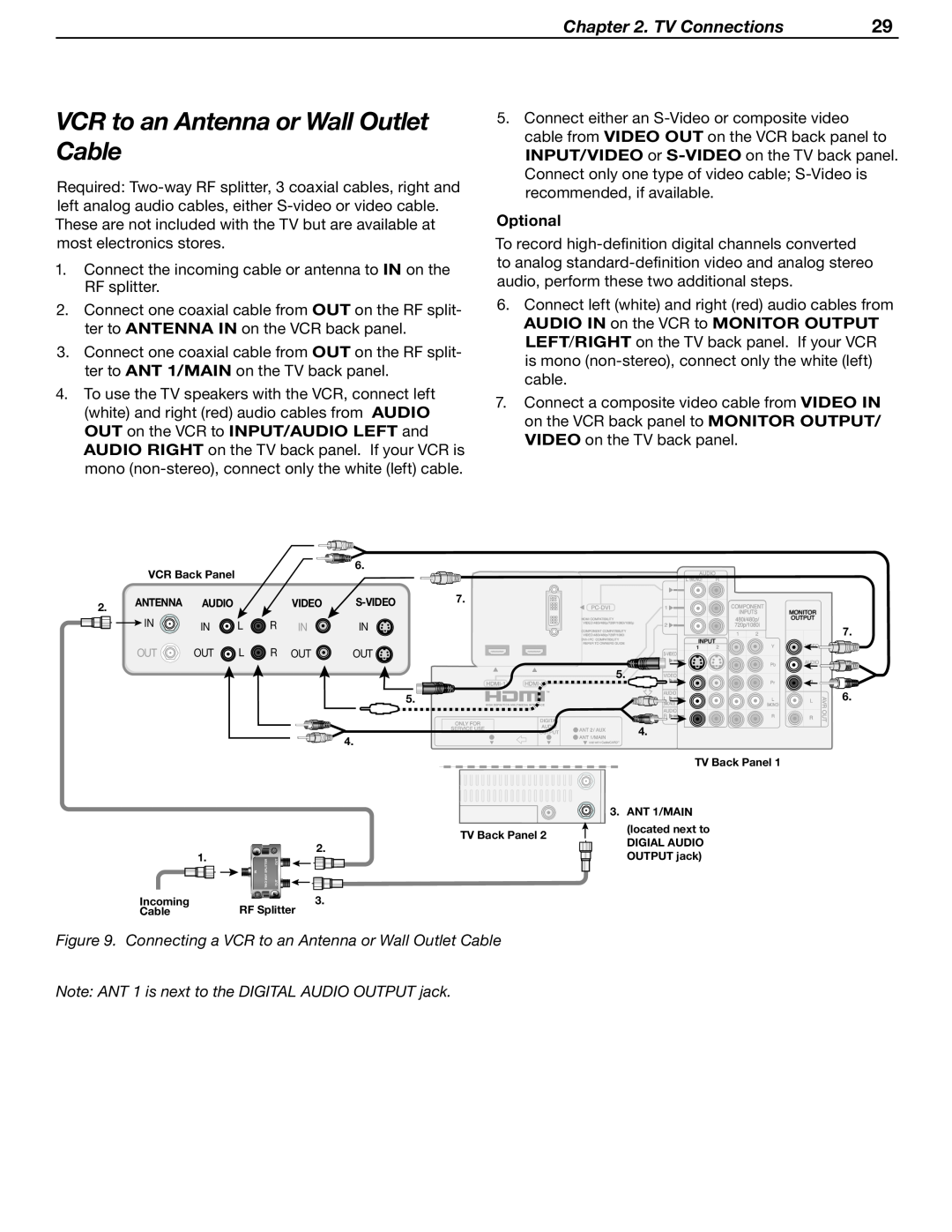 Mitsubishi Electronics LT-37131 manual VCR to an Antenna or Wall Outlet Cable, TV Connections, Optional 