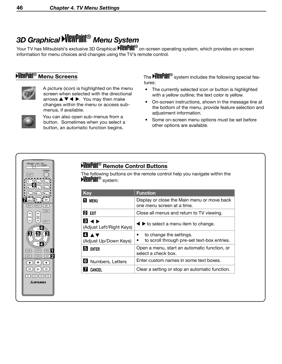 Mitsubishi Electronics LT-37131 3D Graphical Menu System, Menu Screens, Remote Control Buttons, TV Menu Settings, Exit 