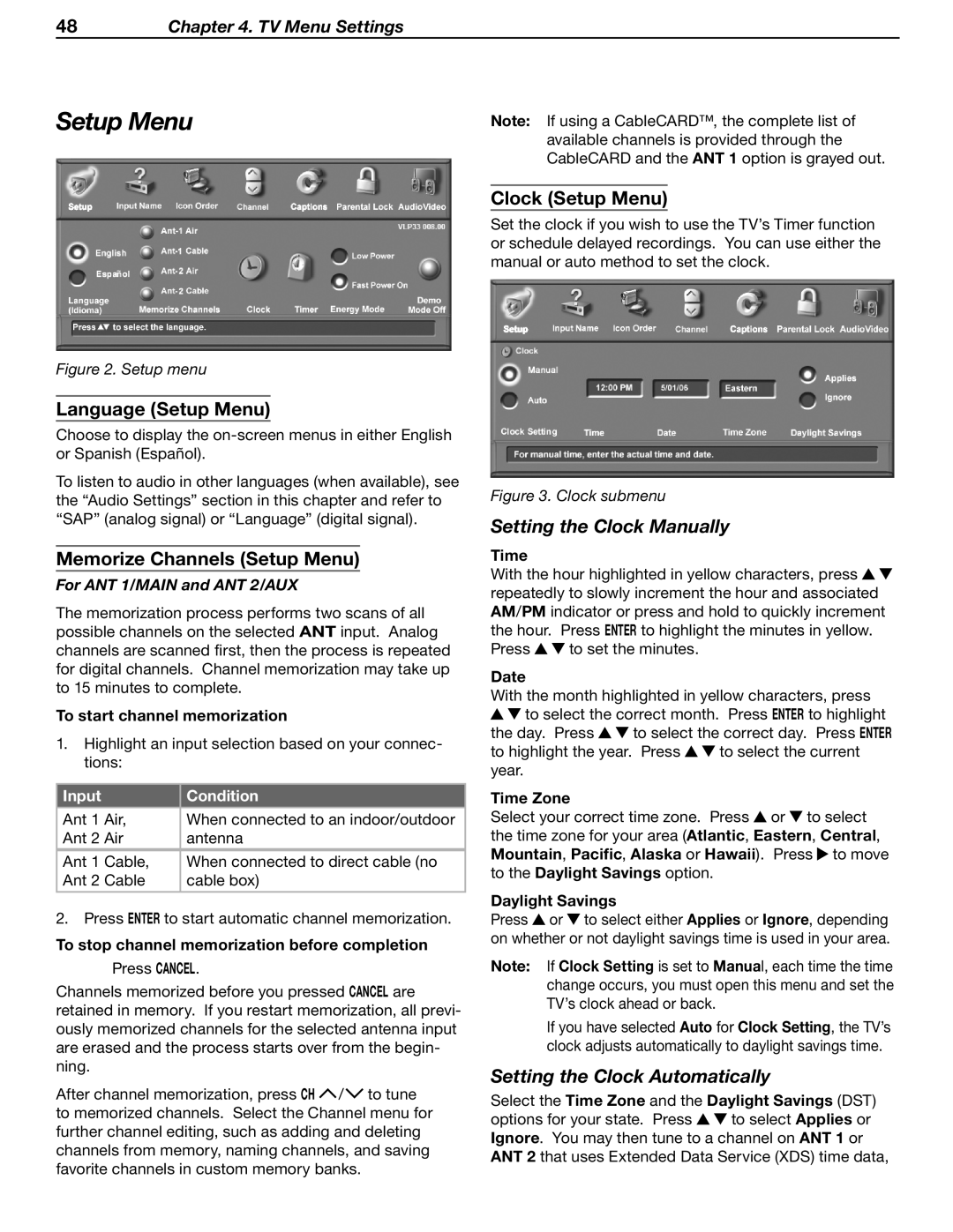Mitsubishi Electronics LT-37131 Language Setup Menu, Memorize Channels Setup Menu, Clock Setup Menu, TV Menu Settings 