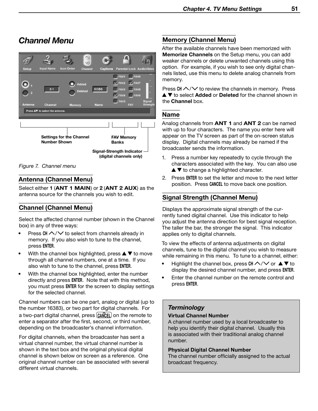 Mitsubishi Electronics LT-37131 Antenna Channel Menu, Channel Channel Menu, Memory Channel Menu, Name, Terminology 