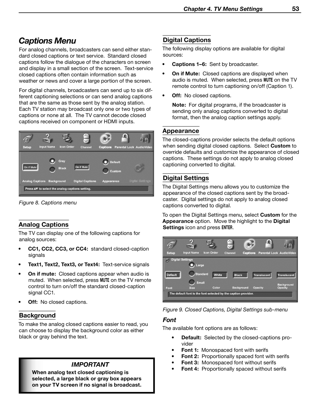 Mitsubishi Electronics LT-37131 Captions Menu, Analog Captions, Background, Digital Captions, Appearance, Digital Settings 