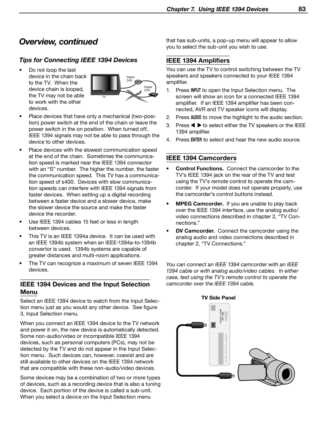 Mitsubishi Electronics LT-37131 manual Overview, continued, Tips for Connecting IEEE 1394 Devices, IEEE 1394 Amplifiers 