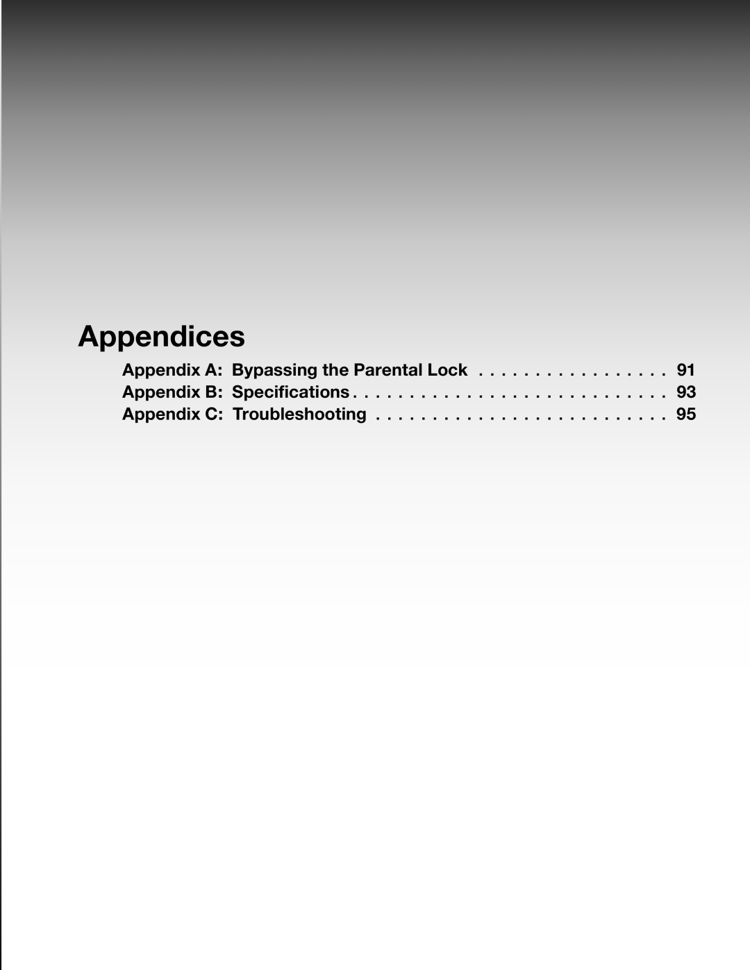 Mitsubishi Electronics LT-37131 manual Appendices, Appendix A Bypassing the Parental Lock 