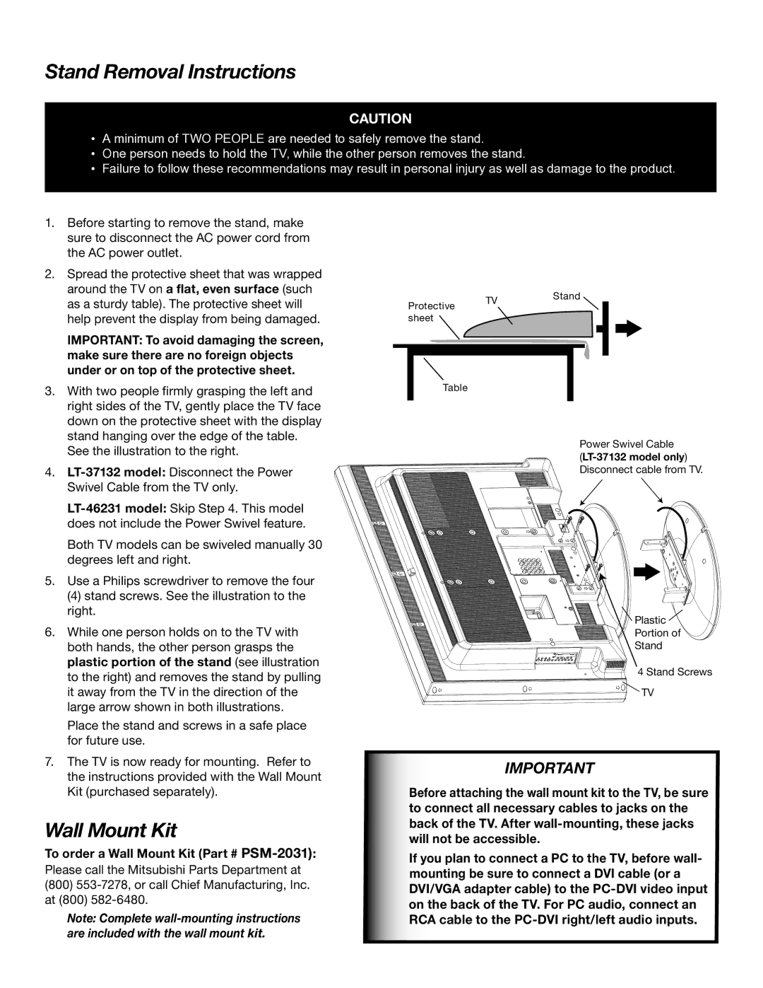 Mitsubishi Electronics LT-37132, LT-46231 manual Stand Removal Instructions, To order a Wall Mount Kit PSM-2031 