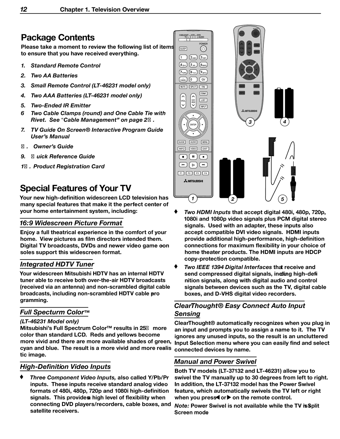 Mitsubishi Electronics LT-37132, LT-46231 manual Package Contents, Special Features of Your TV 