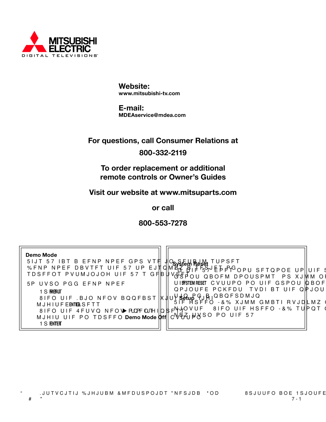 Mitsubishi Electronics LT-37132, LT-46231 manual MDEAservice@mdea.com, Demo Mode, System Reset 