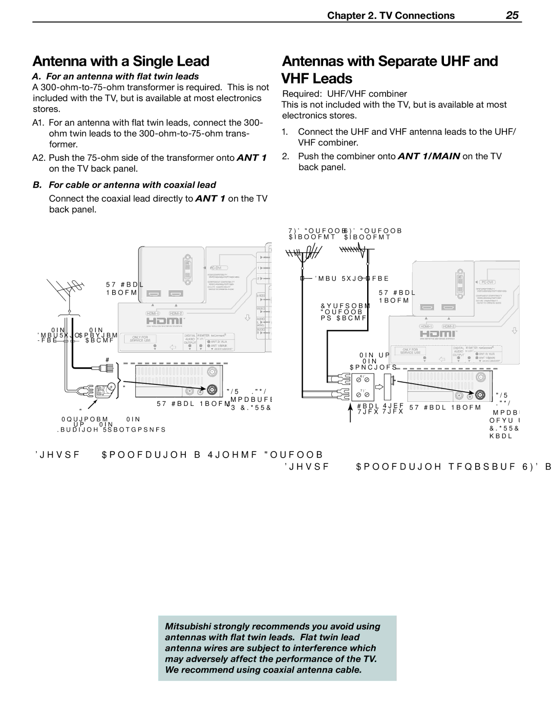 Mitsubishi Electronics LT-46231, LT-37132 manual Antenna with a Single Lead, Antennas with Separate UHF and VHF Leads 