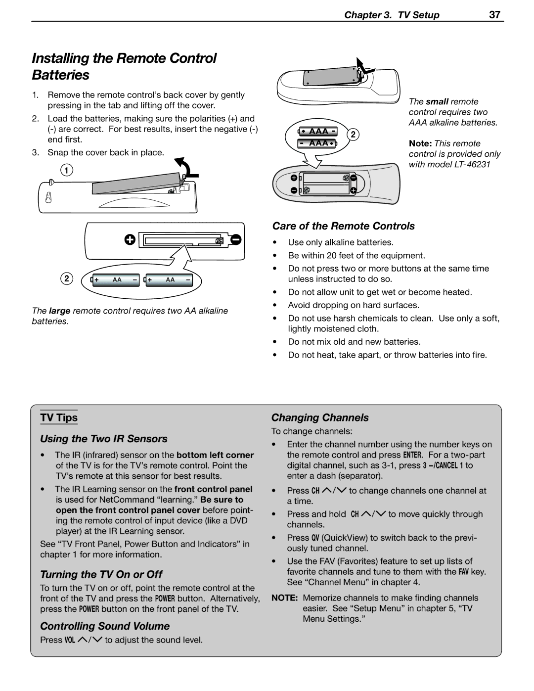 Mitsubishi Electronics LT-46231, LT-37132 manual Installing the Remote Control Batteries, Care of the Remote Controls 