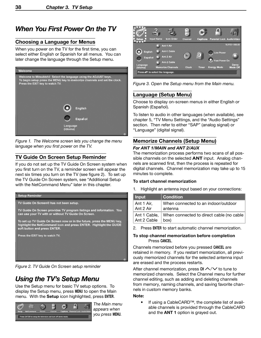 Mitsubishi Electronics LT-37132, LT-46231 manual When You First Power On the TV, Using the TV’s Setup Menu 