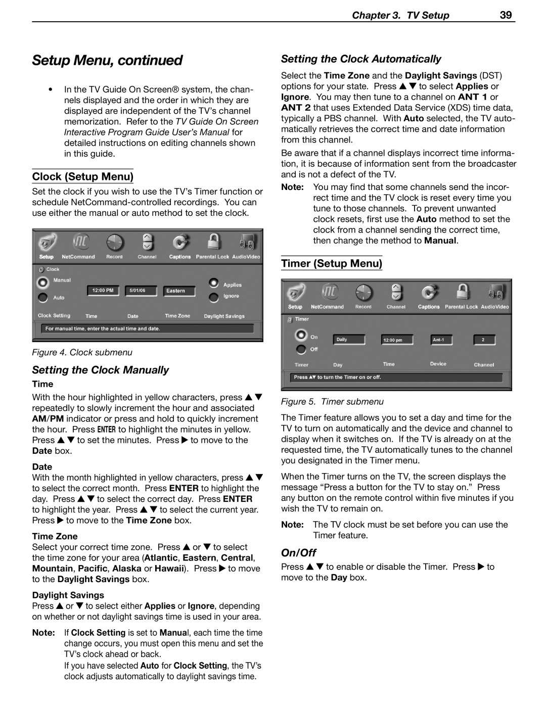 Mitsubishi Electronics LT-46231, LT-37132 Setup Menu, Setting the Clock Automatically, Setting the Clock Manually, On/Off 