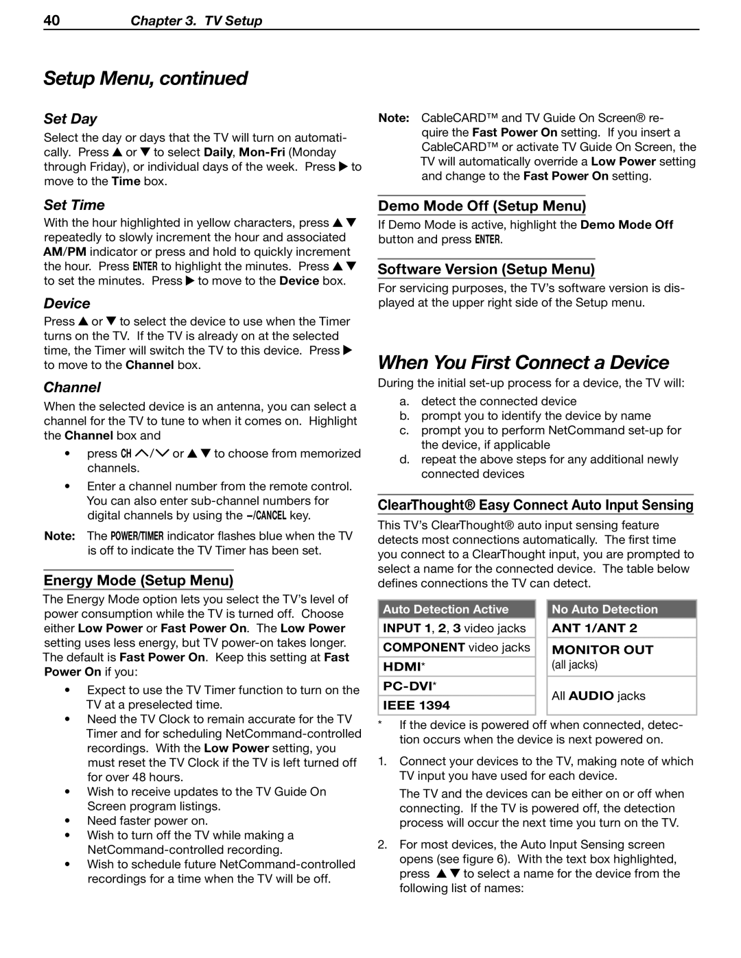 Mitsubishi Electronics LT-37132, LT-46231 manual When You First Connect a Device, Set Day, Set Time, Channel 