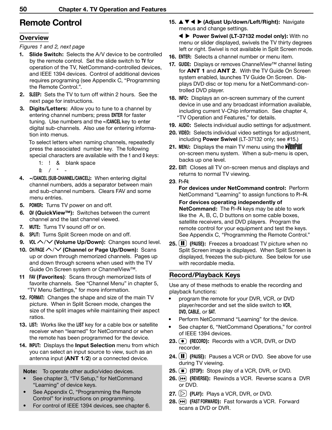 Mitsubishi Electronics LT-37132, LT-46231 manual Remote Control, Overview, Record/Playback Keys 