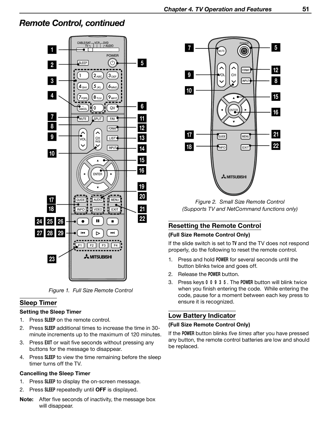 Mitsubishi Electronics LT-46231, LT-37132 manual Sleep Timer, Resetting the Remote Control, Low Battery Indicator 