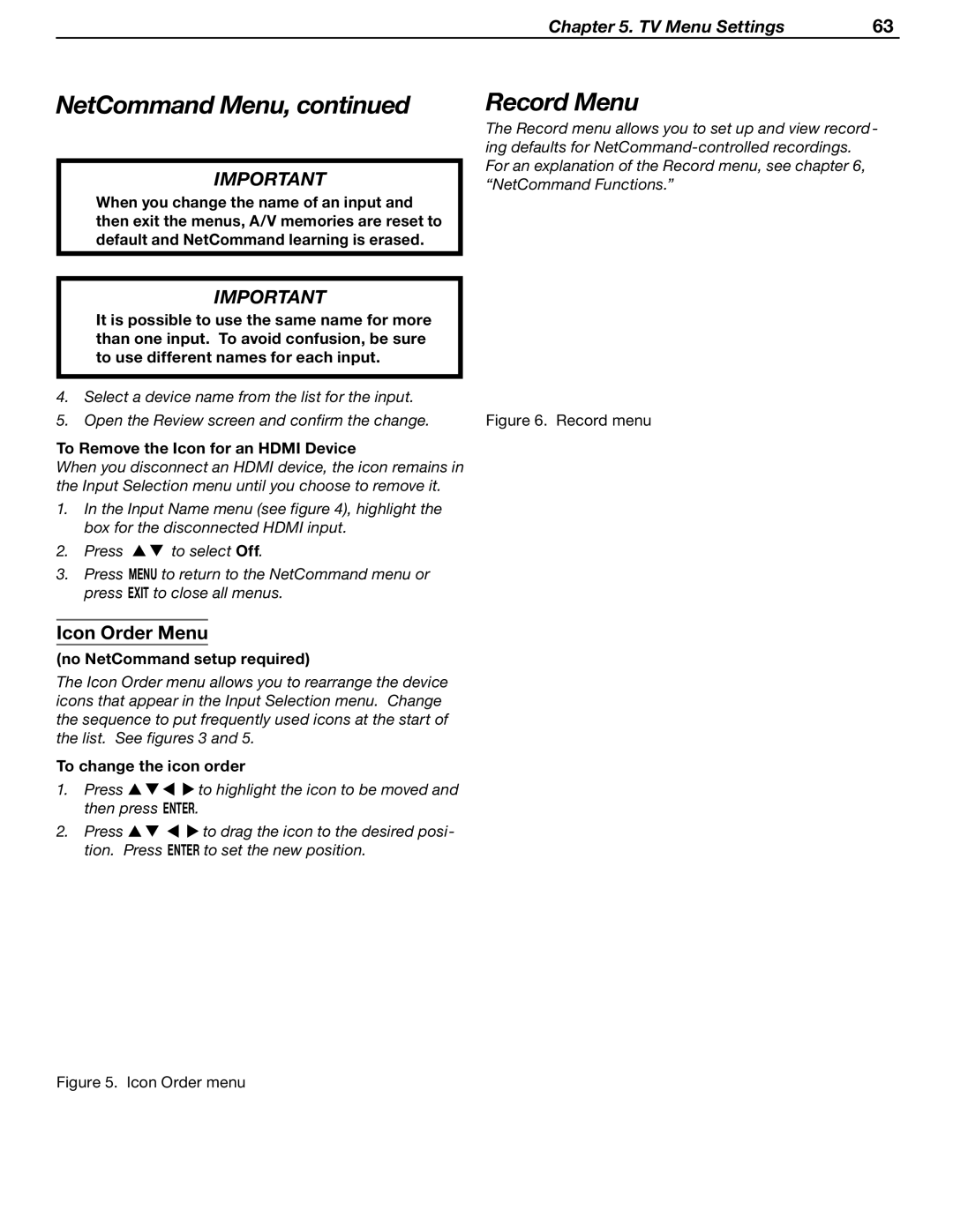 Mitsubishi Electronics LT-46231, LT-37132 manual Record Menu, Icon Order Menu, To Remove the Icon for an Hdmi Device 