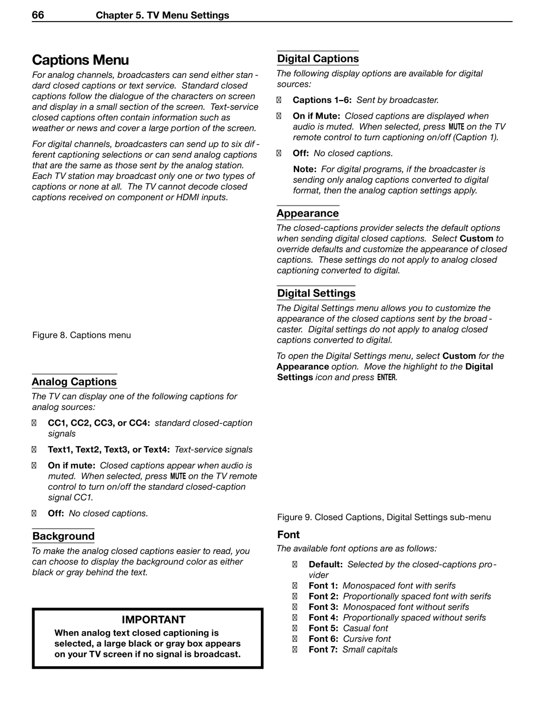 Mitsubishi Electronics LT-37132, LT-46231 manual Captions Menu, Font 